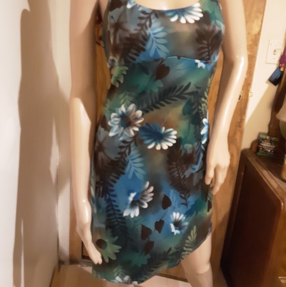 Vibrant Blue & Brown Floral Halter Dress Sz S - Picture 4 of 7